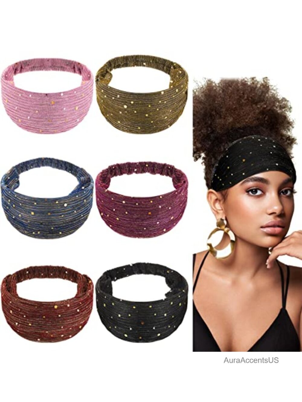 6 Pack Sequin Headbands Stretch Wide Boho Wrap Hair Accessories